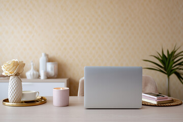 stylish minimalist workspace with Pina Colada accent wall and vintage decor, 
