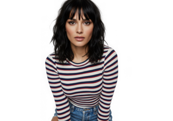 Portrait of a woman with bangs wearing a striped long sleeve on transparent background