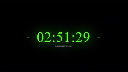 Glitchy Green Digital Clock Displaying Time and Data Completion on Black Background - Powered by Adobe