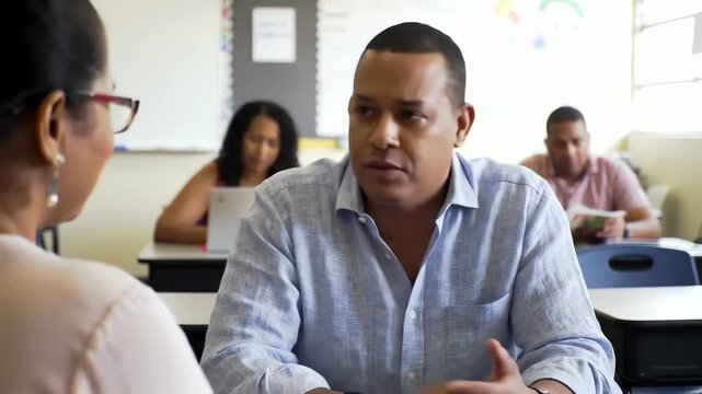Concerned hispanic man attentively listens and talks during a parent teacher meeting in a classroom