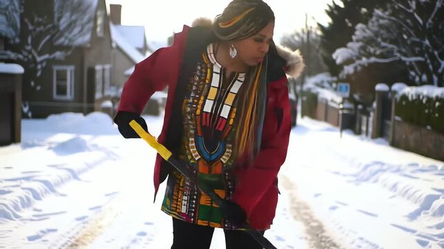 Young Black woman in a red winter coat and vibrant dashiki clears snow from a residential street