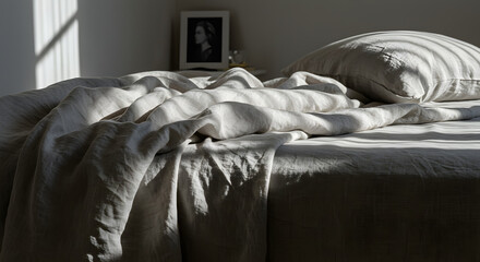 Serene bedroom with sunlight gently cascading across the unmade bed, creating a peaceful and relaxing atmosphere.