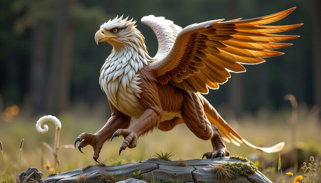 Majestic gryphon with eagle and lion features, poised on rock in serene natural setting, showcasing intricate details and vibrant feathers