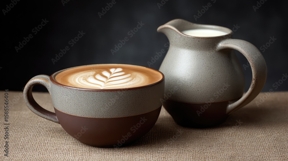 Poster coffee set featuring a cup with latte art and small pot of cream on rustic table with linen cloth an