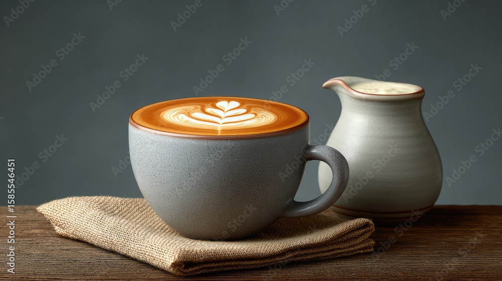 Poster coffee set featuring a cup with latte art and small pot of cream on rustic table with linen cloth an