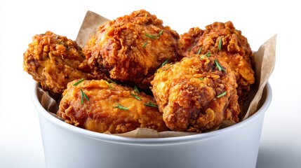 Crispy fried chicken in a white bucket with herbs on a bright background