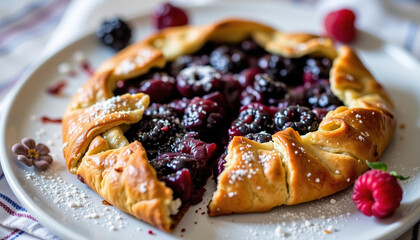 Delicious blackberry galette with rustic crust, topped with powdered sugar and fresh raspberries, evokes warm, inviting feeling
