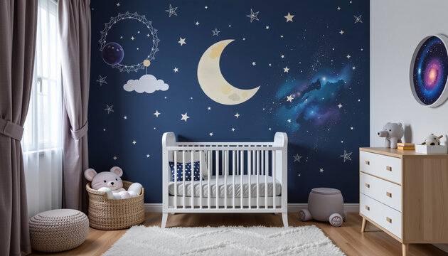Serene baby room featuring celestial theme with dark blue wall adorned with stars, moon, and galaxy. cozy crib and soft decor create peaceful