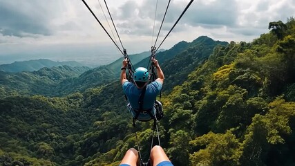 Person zip-lining through lush mountain landscape