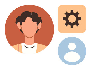 Obraz premium Abstract human avatar inside a circle, gear icon for settings, and user icon for profiles. Ideal for account management, preferences, personalization, options, user interface identity. Clean flat
