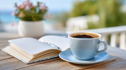 Morning coffee ritual by the beach with a notebook ready for inspiration