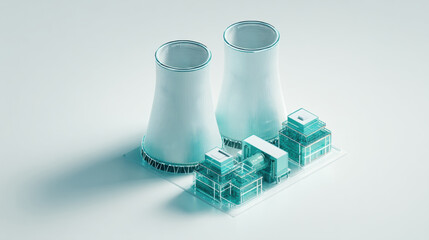 The cooling towers associated with the steam cycle in a combined cycle gas turbine plant, rejecting waste heat from the condensed steam.  icon, isolated on white background. The blue crystal  gloss.