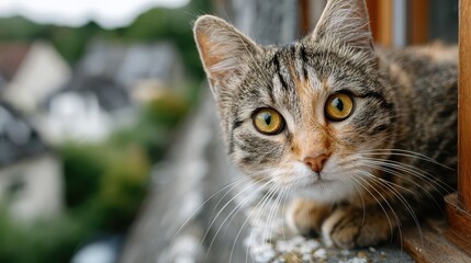 Fototapeta premium Curious tabby cat gazes out from a cozy balcony perch in the afternoon