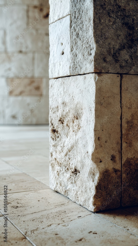 Poster close-up of a textured stone pillar and tiled floor in a building, showcasing natural stone patterns