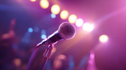 Shiny metallic microphone with reflective mesh head, black body, and vibrant blurred background of colorful stage lights in pink, yellow, blue, and green, 