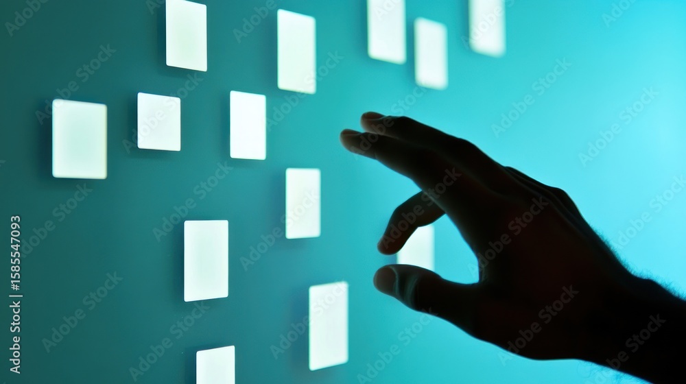 Poster interactive interface, a hand navigating digital display with glowing icons