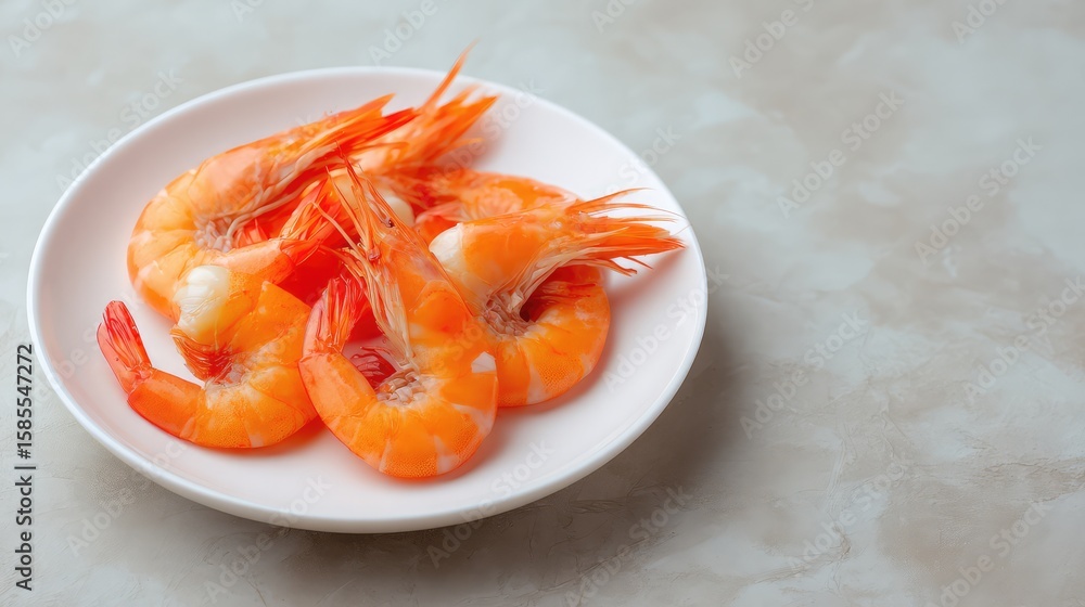Poster cooked shrimp without shell on white plate on light background with layout room