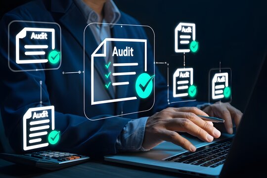 Accountant reviewing audit checklist and verifying compliance with financial documents. Suitable for audit team, financial reporting, and business audit visuals.