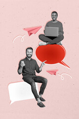 Composite artwork collage template sketch of couple young lady man sit speech cloud finger point...