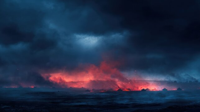 Night landscape with fiery clouds and military vehicles