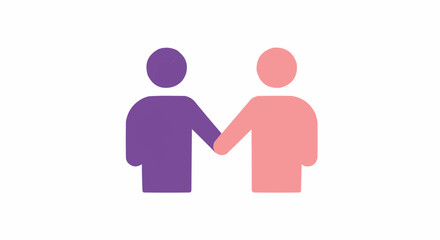 Two stylized figures shaking hands with purple and pink colors on a white background design