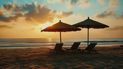 Beach scene with umbrella-shaded chairs, watching the sunset.