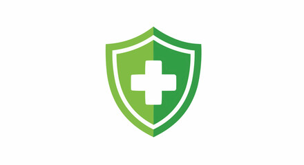 Fototapeta premium Green shield with a white plus sign in the center representing health and protection concept design