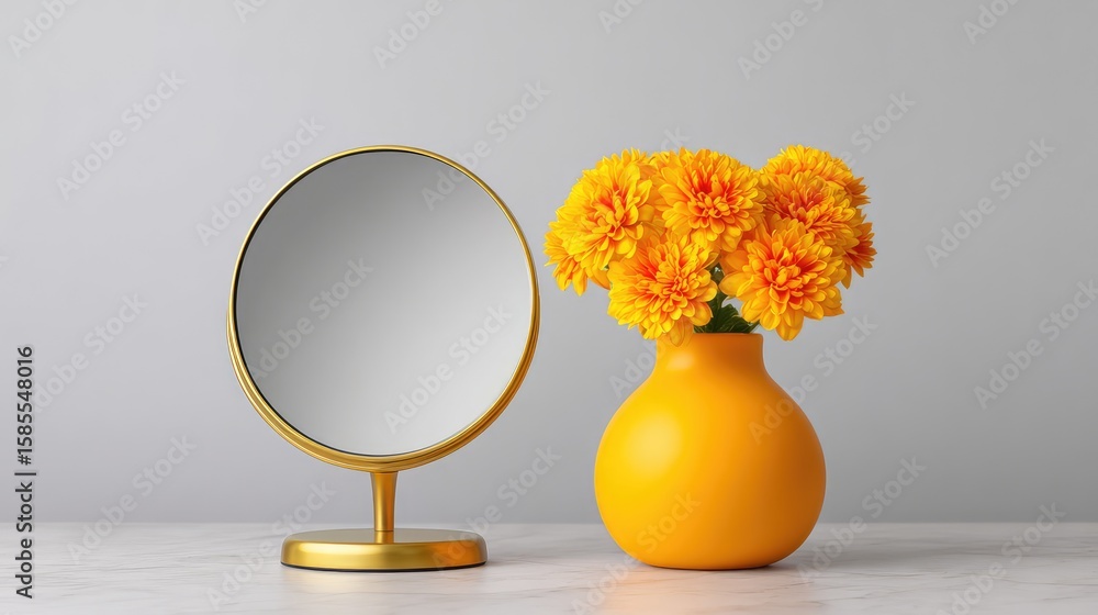 Poster dressing table surface with single vase and small mirror, isolated in light background with space