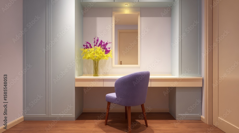 Poster dressing table with built-in lighted mirror placed near a pastel wall with simple dcor and open spac