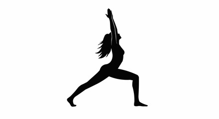 Silhouette of woman in warrior one pose with arms raised in a yoga or fitness related image