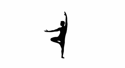 Silhouette of a man in tree pose with hands in mudra on a white background is shown here today