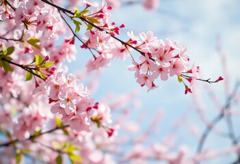 Obraz premium Soft pink sakura blossoms cascading against a blurred spring sky , vibrant, dreamy