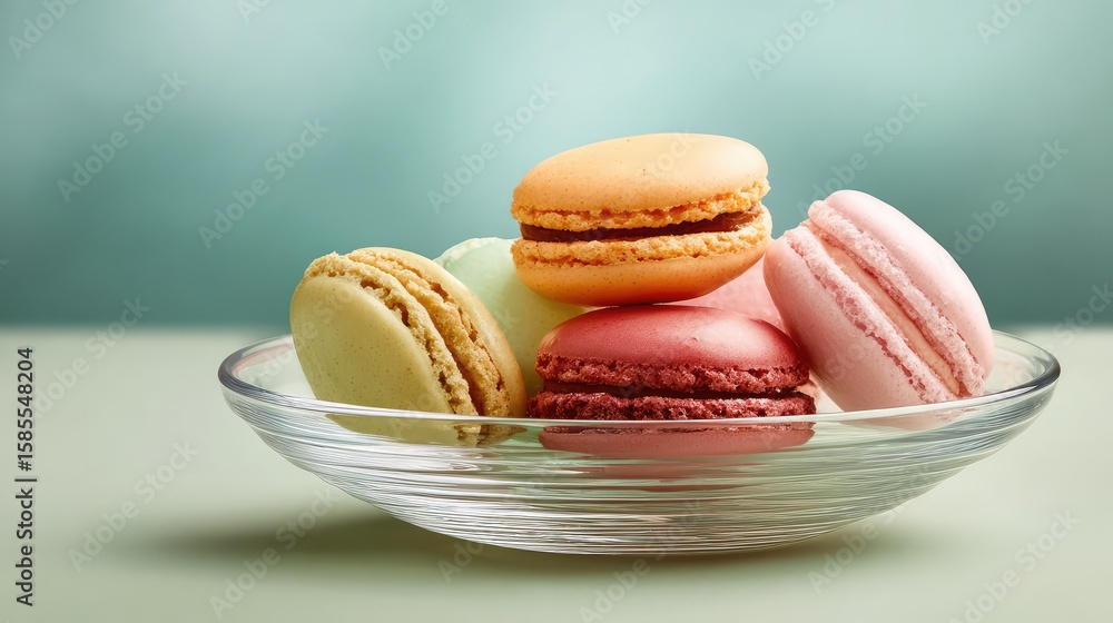 Poster elegant display of macarons in pastel colors on a glass plate with soft shadows and wide empty backg