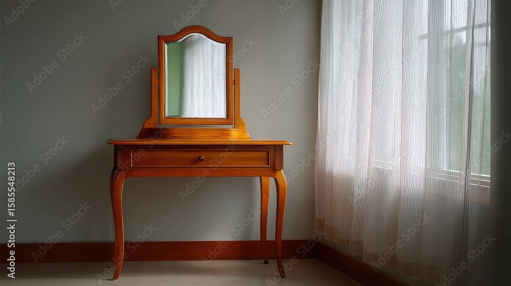 Poster elegant wooden dressing table with mirror and drawer, placed near a window with sheer curtains, and 
