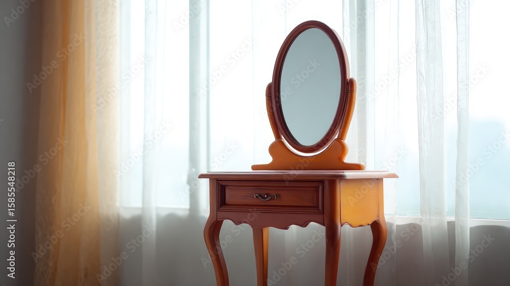 Poster elegant wooden dressing table with mirror and drawer, placed near a window with sheer curtains, and 