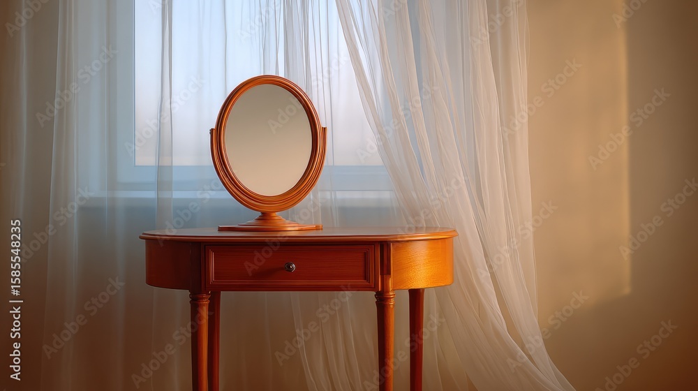 Poster elegant wooden dressing table with mirror and drawer, placed near a window with sheer curtains, and 