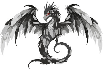 Fototapeta premium Abstract Feather Dragon with Red Eyes in Black and White