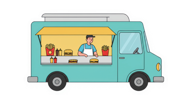 Cartoon Food Truck Illustration with Vendor Serving Fast Food