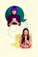 Sketch template design photo collage of friends two young lady smile hand hold smartphone speech...