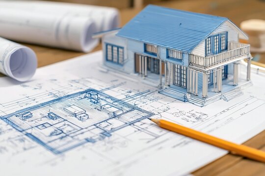 Architectural design model and blueprints illustrate a residential construction project. Ai Generative