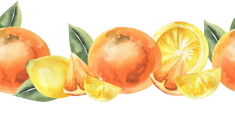 Summer juicy fruits watercolor seamless border with oranges and lemon ripe,slices and green leaves illustration. Hand drawn tropical lemons and clementines painting for textile,fabric,web design