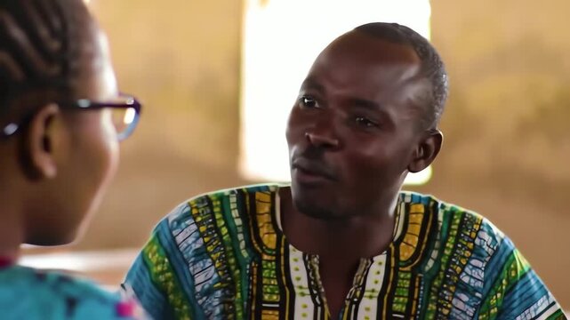 Portrait of a smiling African man in a traditional dashiki shirt having a lively discussion with a woman