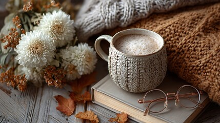 Elegant Autumnal Still Life with Mug and Knitwear Overhead  
