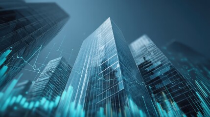 Modern skyscrapers with superimposed financial data
