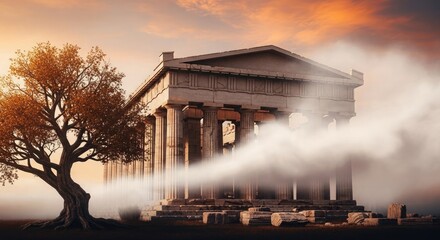 Ancient temple ruins with tree and mist classical architecture