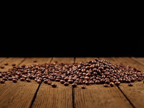 Coffee Beans on Wooden Surface, Black Backdrop