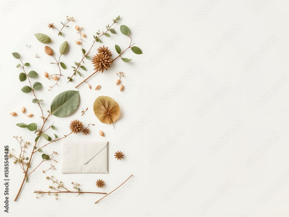 Poster elegant and clean flat lay showcasing botanical elements surrounding a closed envelope, perfect for 