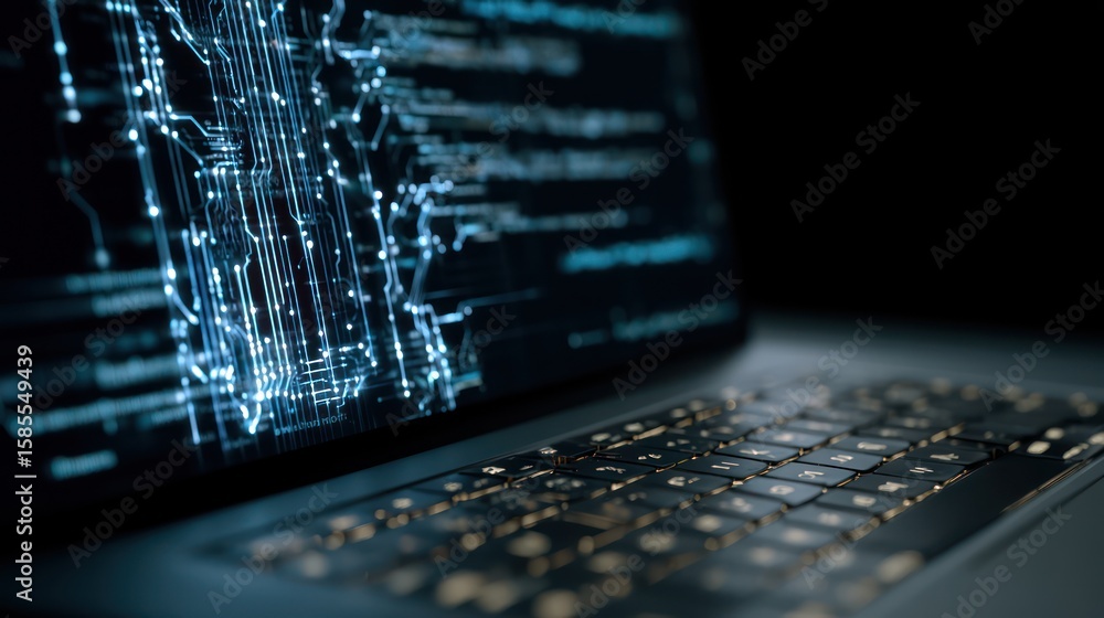 Poster laptop screen displaying digital code and circuit board design