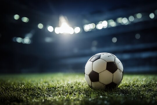 Soccer ball on a grass field at night stadium lights