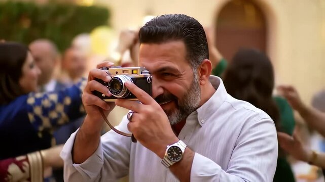 A happy Middle Eastern man with a beard joyfully captures moments with a retro camera at a celebration